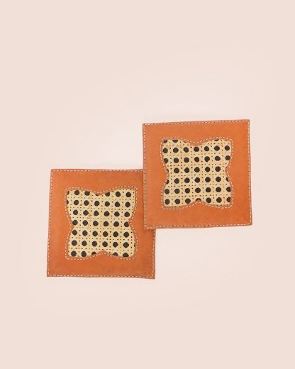 Leather Coaster Square Rattan Leaf Caramel