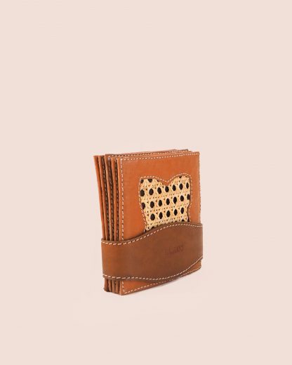 Leather Coaster Square Rattan Leaf Caramel