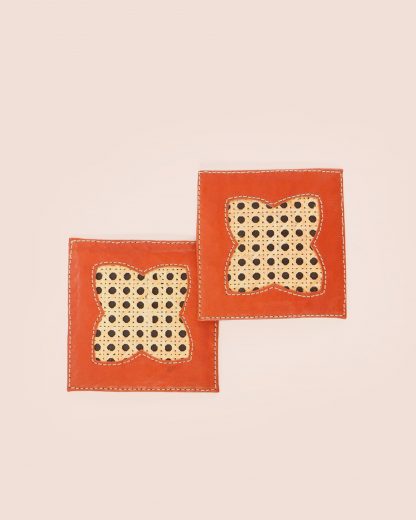 Leather Coaster Square Rattan Leaf Terracotta